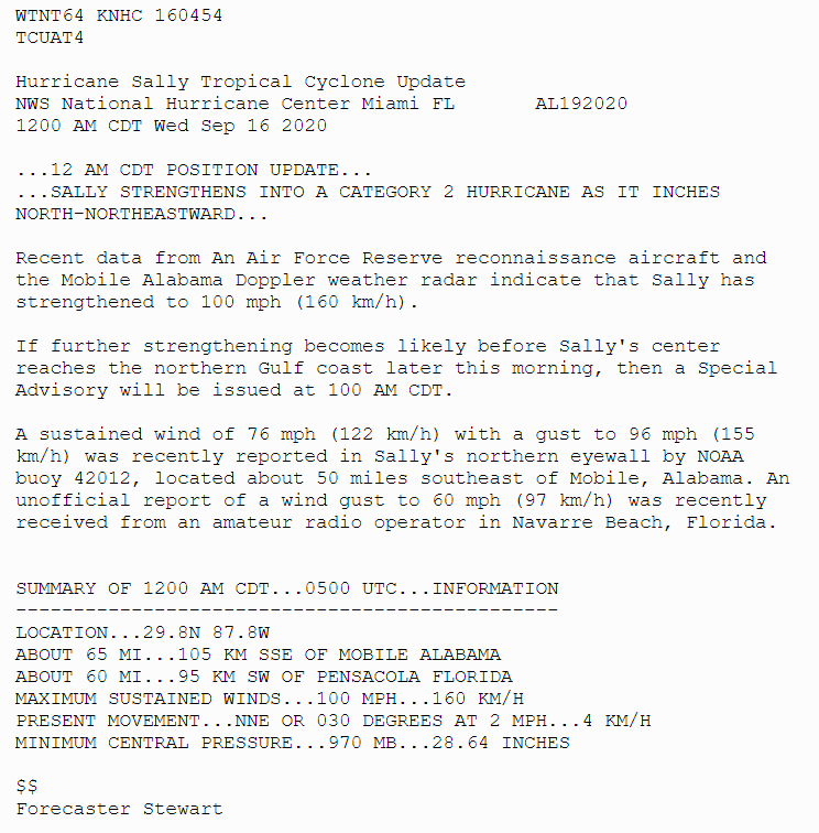 #Sally has strengthened into a category 2 hurricane on the Midnight CDT update with 100-mph winds.  More: hurricanes.gov