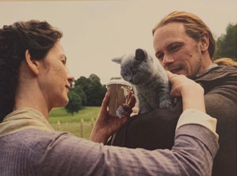 New_Sasha's tweet photo. Caitríona and Sam snuggling Adso, and the wee little guy clutching Sam’s arm....this is too much 🥺❤️😍 https://t.co/nw86tdPNrS