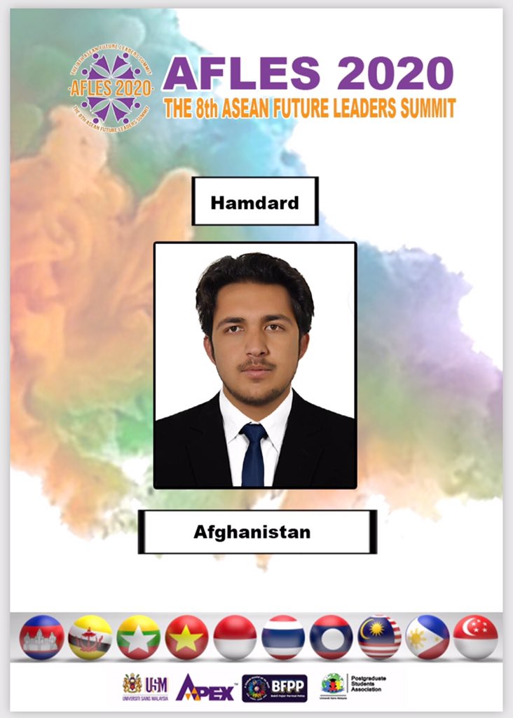 NasirKHamdard1's tweet photo. Asian Future Leaders Summit 2020 is about to be taken place on 21-25 September 2020...!
Feel an enormously proud for being represented Afghanistan 🇦🇫 once again in such a summit along with the inclusion of 40 countries leaders.
#summitfpd2020
#Leadership
#represent https://t.co/BXIzjiltbh