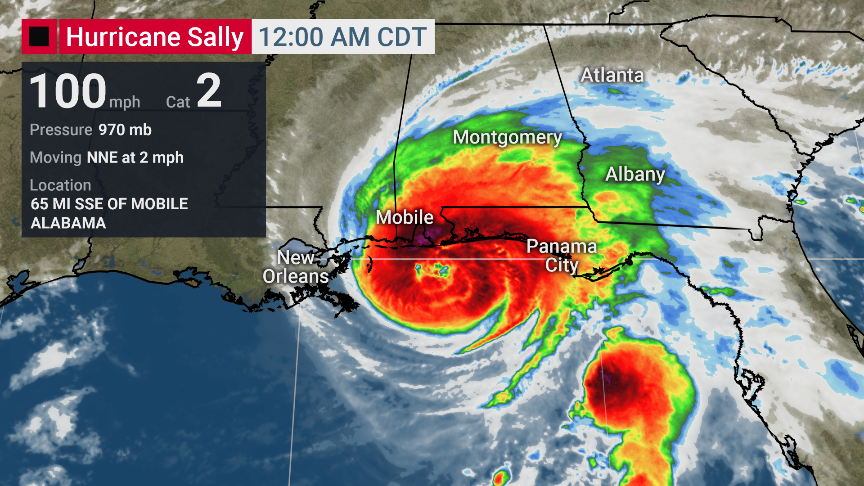 weatherchannel's tweet photo. BREAKING: #Sally is now a Category 2 hurricane with wind speeds of 100 mph. The Weather Channel is LIVE throughout the night. https://t.co/AuqXN9rxDI