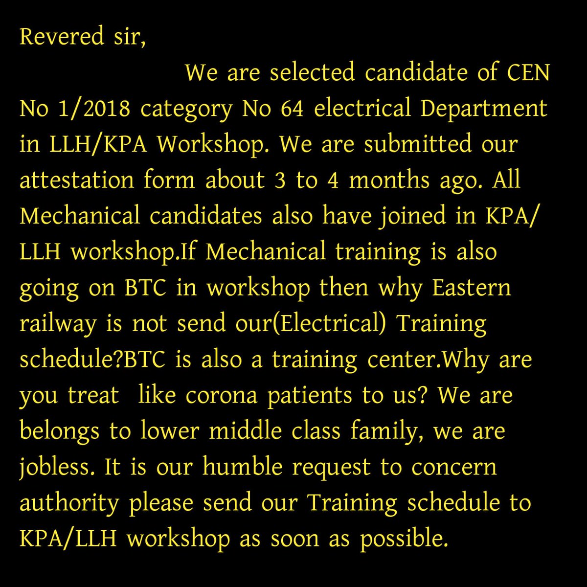 joyjoardar's tweet photo. @EasternRailway Please Sir hum logo ka training schedule jari karke joining dijiye @PiyushGoyalOffc @PiyushGoyal @PMOIndia @RahulGandhi @adhirrcinc @RailMinIndia @cwmkanchrapara https://t.co/P8xxvZtNMO