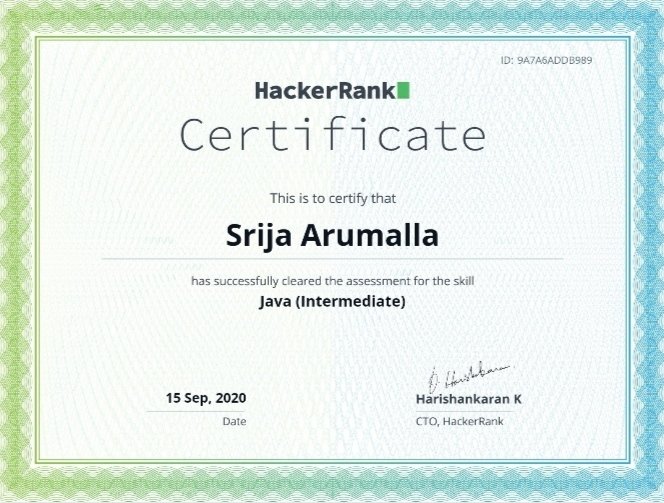 SrijaArumalla's tweet image. So excited to share my achievement with @hackerrank ! 
Thank you @hackerrank for providing such an amazing platform for amazing developers!! 
Get your skills certified and show off..!! 
@WomenTechmakers
@WomenWhoCode
#GirlsWhoCode #femalecoder #girlintech #problemsolving
#java #c