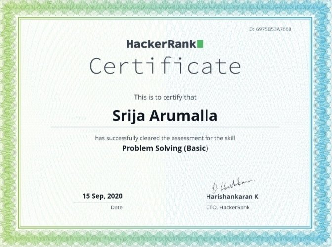SrijaArumalla's tweet image. So excited to share my achievement with @hackerrank ! 
Thank you @hackerrank for providing such an amazing platform for amazing developers!! 
Get your skills certified and show off..!! 
@WomenTechmakers
@WomenWhoCode
#GirlsWhoCode #femalecoder #girlintech #problemsolving
#java #c