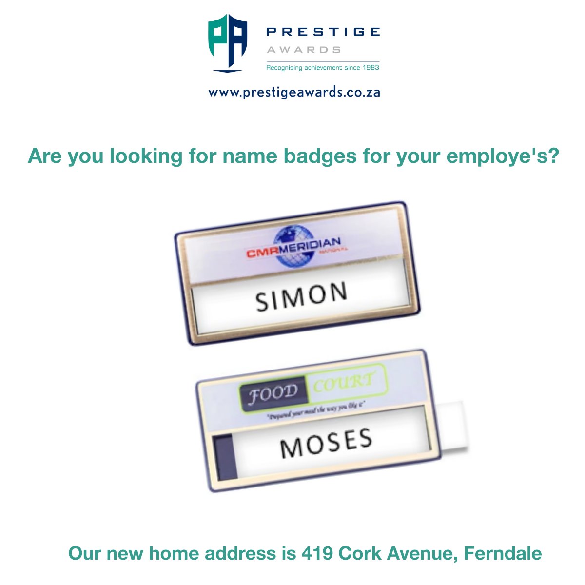 Do you need name badges for your new employee's?
View our range at: prestigeawards.co.za/collections/ba…

#Name #Badges #Employee #New