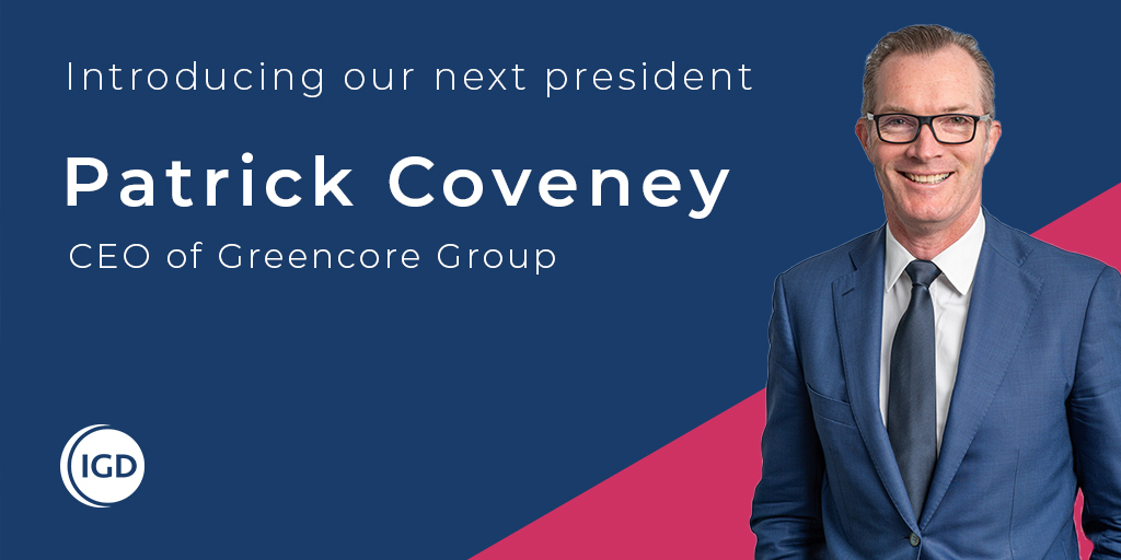 updatesfromIGD's tweet photo. We’re delighted to welcome Patrick Coveney, CEO of @GreencoreGroup as president of IGD. Patrick will take over the presidency from Andrew Higginson on 1 January 2021 https://t.co/p249pwPqZm