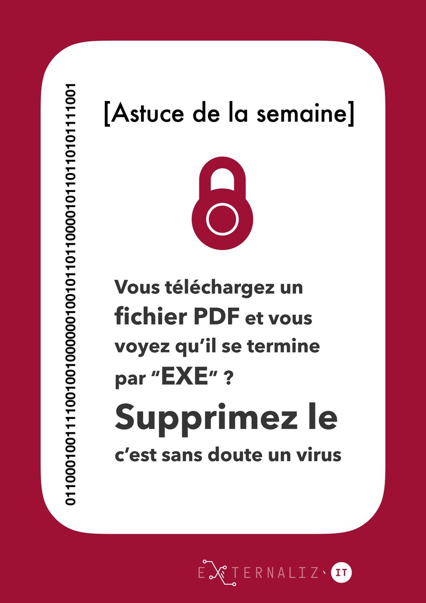 Externaliz_IT's tweet photo. [#ASTUCE IT]
Vous téléchargez un fichier #PDF et vous voyez qu’il se termine par “EXE” ? Supprimez-le ! 
C'est plus que probablement un virus...

Plus d'info sur l'amélioration de la #sécurité pour votre #entreprise ? 
Let's go ➡️ https://t.co/g86qADKgPl https://t.co/pUEFDeySHf