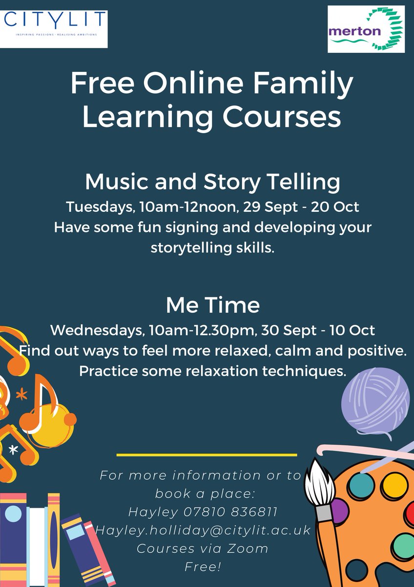 Free online family learning courses starting next week <a href="/CityLitFL/">City Lit Family Learning, on line - on Zoom</a> For more information and to book a place contact Hayley on 07810 836811 or Hayley.holliday@citylit.ac.uk #familylearning #mertonfamilies