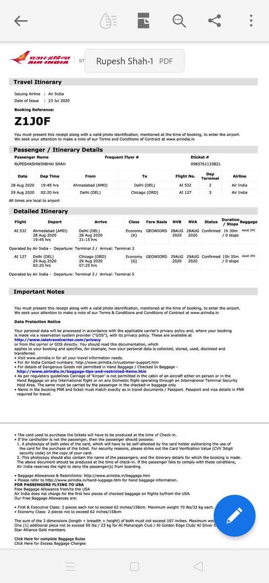 rupeshriyan's tweet photo. @HardeepSPuri Rupesh shah sports player Arjuna Awardee,I have booked VBM flight for USA in August and I was not able to travel so cancelled my ticket but airindia office not paying back refund so do the needful. https://t.co/QIjWggP0k7