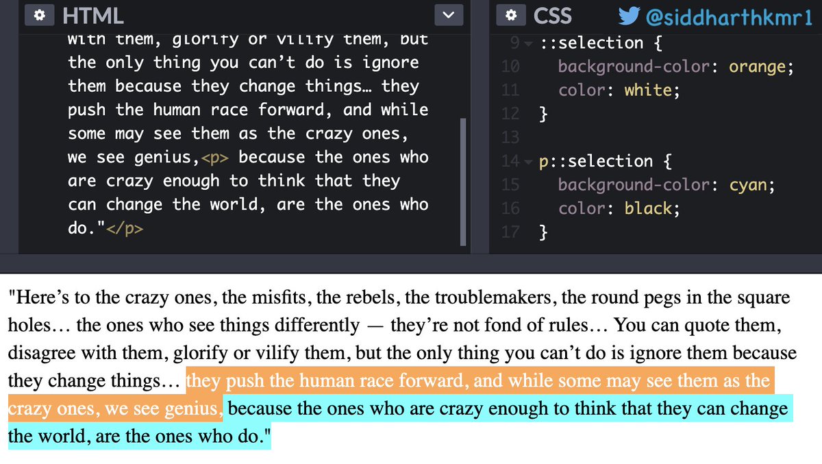 siddharthkmr1's tweet image. #css tip

🌟 Use ::selection selector to style the selected(highlighted by user) text

#100DaysOfCode #javascript