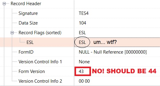 Smoothb0re's tweet image. You do NOT convert a Skyrim ESP plugin into a light plugin (an ESL but with ESP extension or ESP-lite) without changing its form version into 44. Professional modders made an amateurish mistake by making an ESP-lite with a form version 43. Tsk!

#ModPaMore #SkyrimMods