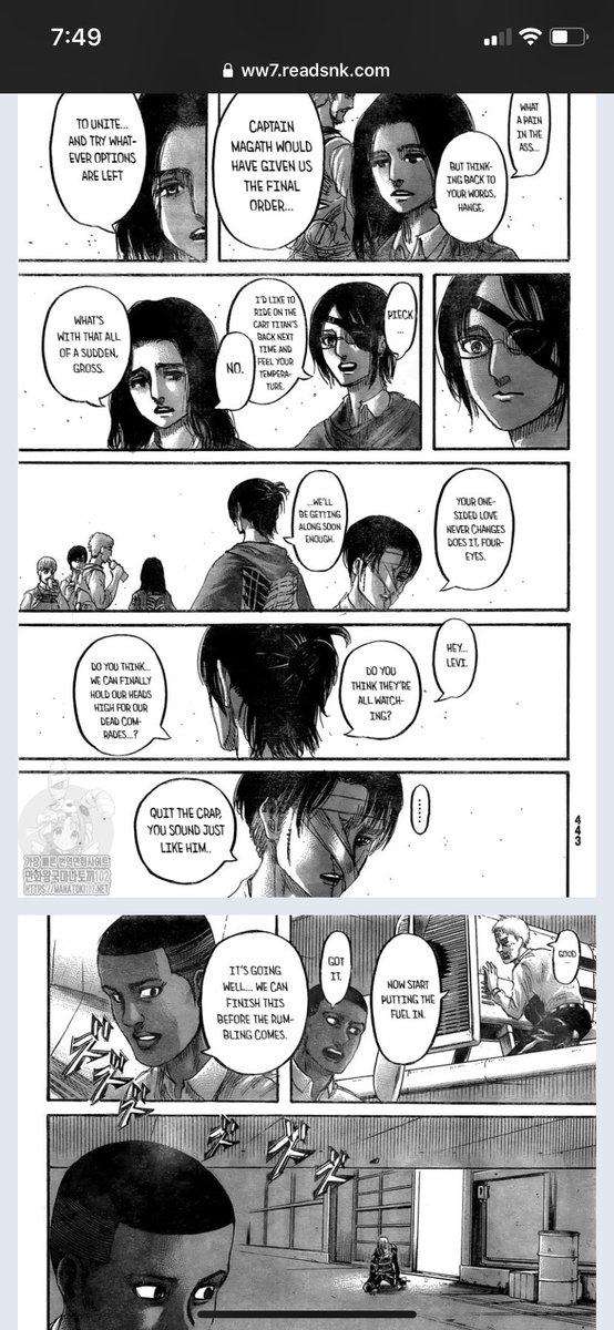 - and carrying on the determination and courage of the fallen. So when Hanji, a person who has been with Levi for years, who saved him from dying and has supported him after the death of his close comrad Erwin, dies, Levi’s determination is reinforced.