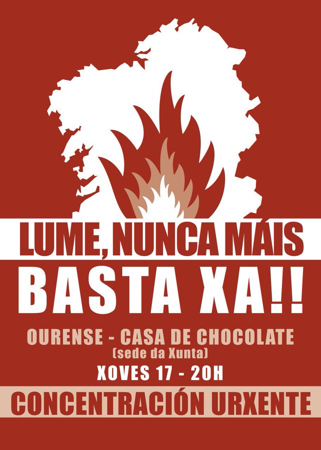 Con máis de 9000 ha queimadas na provincia de Ourense, esixamos unha rectificación da política forestal da Xunta.
Este xoves 17 en Ourense. Cumprindo con todas as medidas de seguridade sanitaria. Ás 20h,diante da sede da Xunta de Galicia.
#lumenuncamais #ArdeOurense #ArdeGalicia