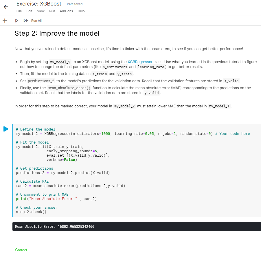 import_alexward's tweet photo. #100DaysOfCode Day 99:

Completed the penultimate chapter for @kaggle's Intermediate Machine Learning course on XGBoost.

Learned how to use Extreme Gradient Boosting model and tweak the parameters such as n_estimators, early_stopping_rounds and learning_rate. https://t.co/SR7wKvC1ZF