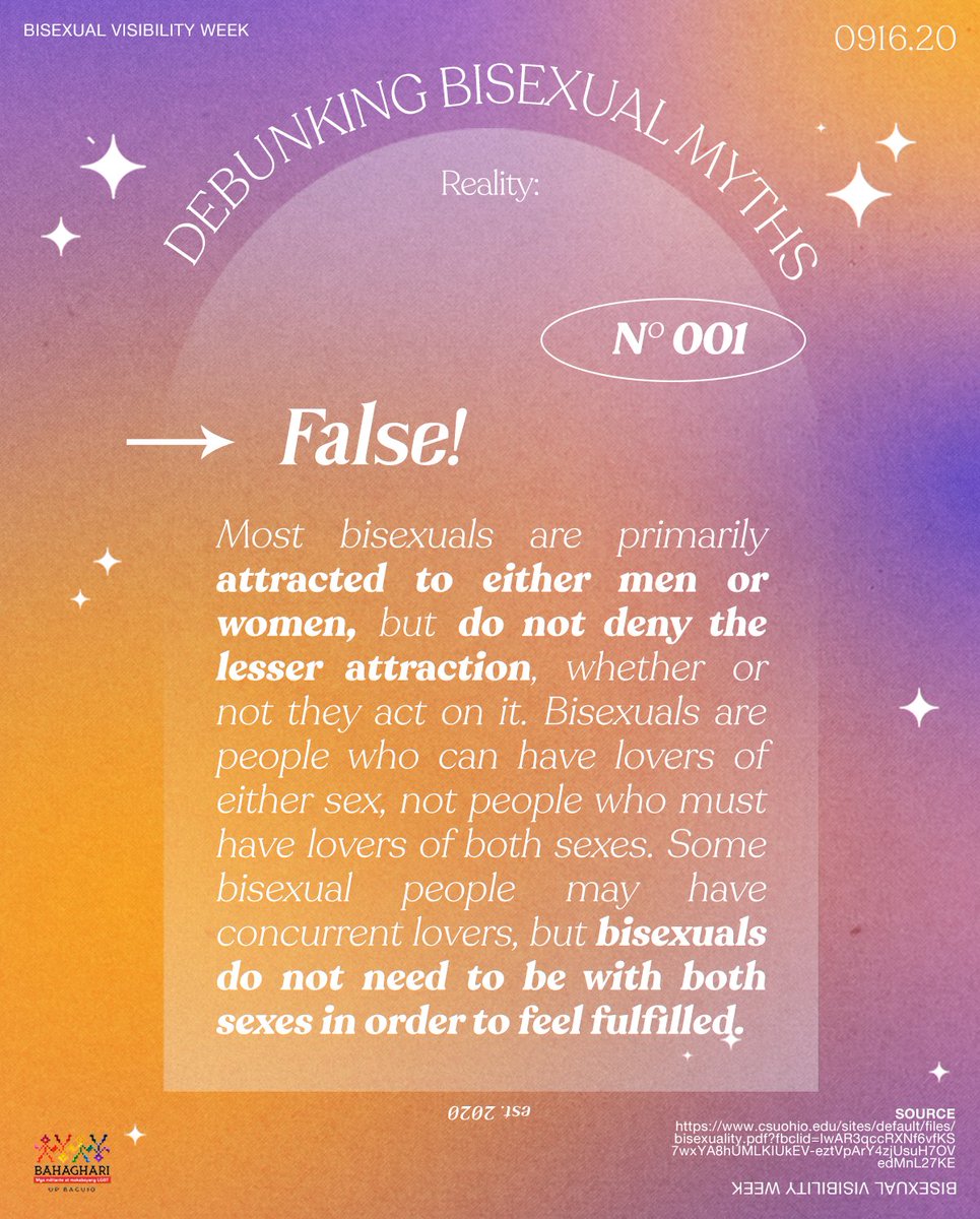 Biphobia? I only know BYE-phobia It's Bisexual Visibility Week and Bahaghari- UPB Chapter is here to provide you with facts, myths, and trivias about bisexuality.Here's entry no. 1: #BiWeek #NoToBiErasure