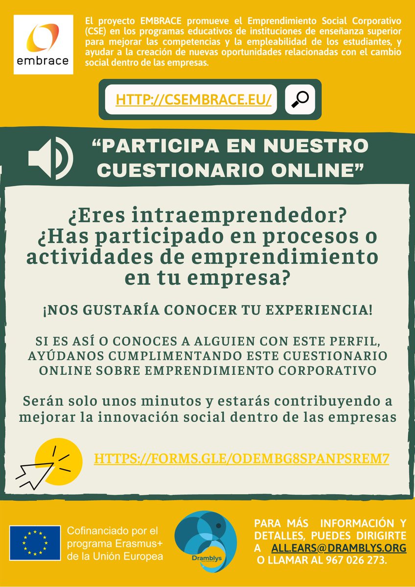 dramblys_org's tweet photo. 📢¿Eres intraemprendedor? ¿Has participado en programas de emprendimiento corporativo en tu empresa?

🗣️Participa ya en el cuestionario online que hemos creado como parte del proyecto EMBRACE 🔗https://t.co/OJF1YelcSJ 

#CSEmbrace #CSE4EU #Intraemprendimiento #ErasmusPlus https://t.co/ZAZ0iwZMVl