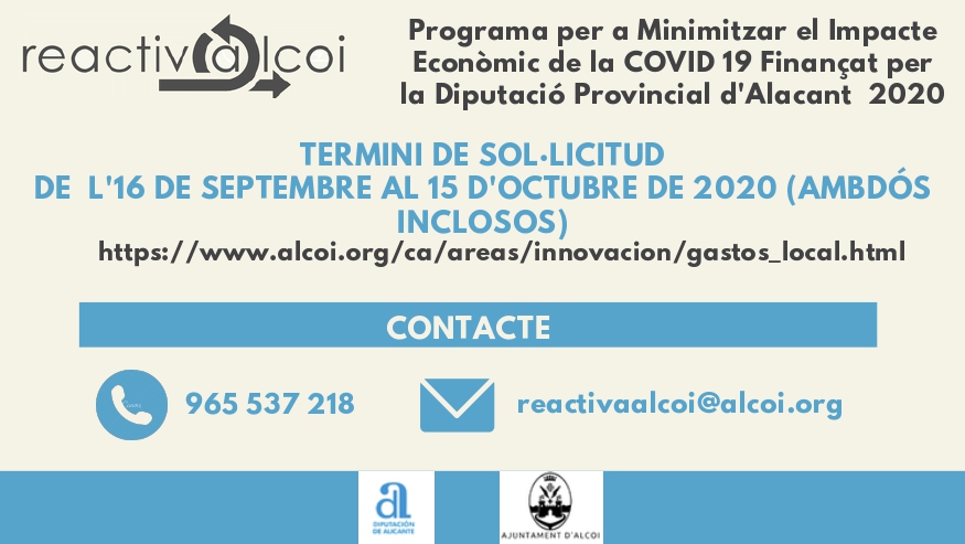 El <a href="/AjuntamentAlcoi/">Ajuntament d'Alcoi</a> pone en marchas las #ayudas para hacer frente a los gastos de los locales de negocios
#Subvención de 1.000€ destinada a las #pymes , #micropymes, #autonomos y profesionales alcoyanos afectados por la #COVID19 

Plazo desde HOY y hasta el 15 de octubre.