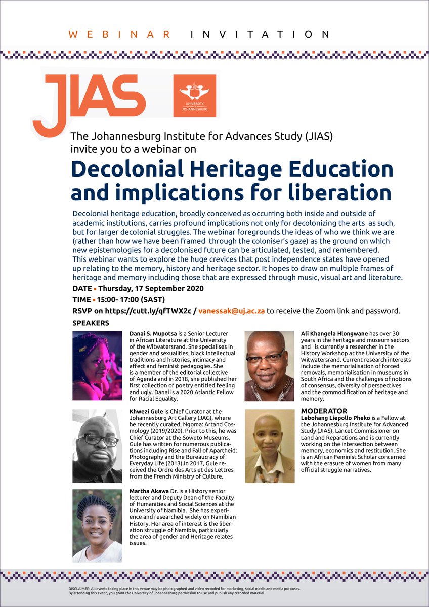 JIAS_UJ's tweet photo. #DecolonizingHeritage 

JIAS Webinar invitation titled: "Decolonial Heritage Education and implications for liberation."

Date: 17 September 2020

Time: 15:00- 17:00 (SAST)

RSVP on https://t.co/AG3ojfluUG to receive the Zoom link and password.

@Liepollo9 @NShikufa @go2uj https://t.co/1mPieaCsMb