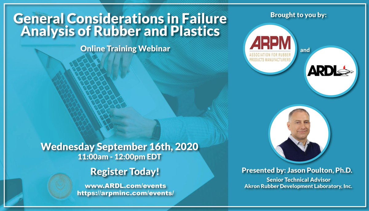 ARDLdotcom's tweet image. WEBINAR REMINDER!

Today, Sept. 16th at 11AM (EDT)💻📲 Join @ARPMRubber and ARDL for the “General Considerations in Failure Analysis of Rubber and Plastics” webinar.

To register: arpminc.com/events/

#RubberTraining #FailureAnalysis #WeCanTestforThat #ARDL #rubber #webinar