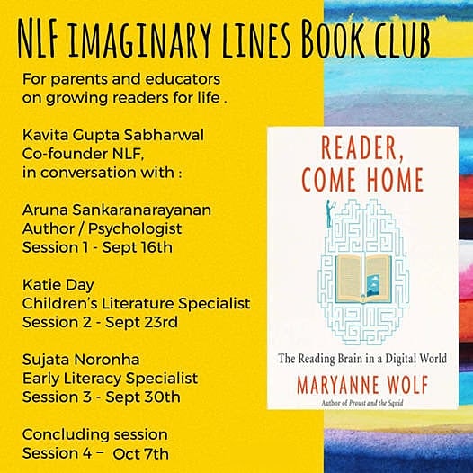 bthakore's tweet photo. NLF #ImaginaryLines Book club for #parents and #educators. Join Kavita Gupta Sabharwal, co-founder, @neevlitfest, in conversation with Indian and international reading experts and psychologists
Date: September 16 -October 7
Time: 5:30-6:30pm IST
Link- https://t.co/ZMX5fvujll https://t.co/VpiwlWVGxm