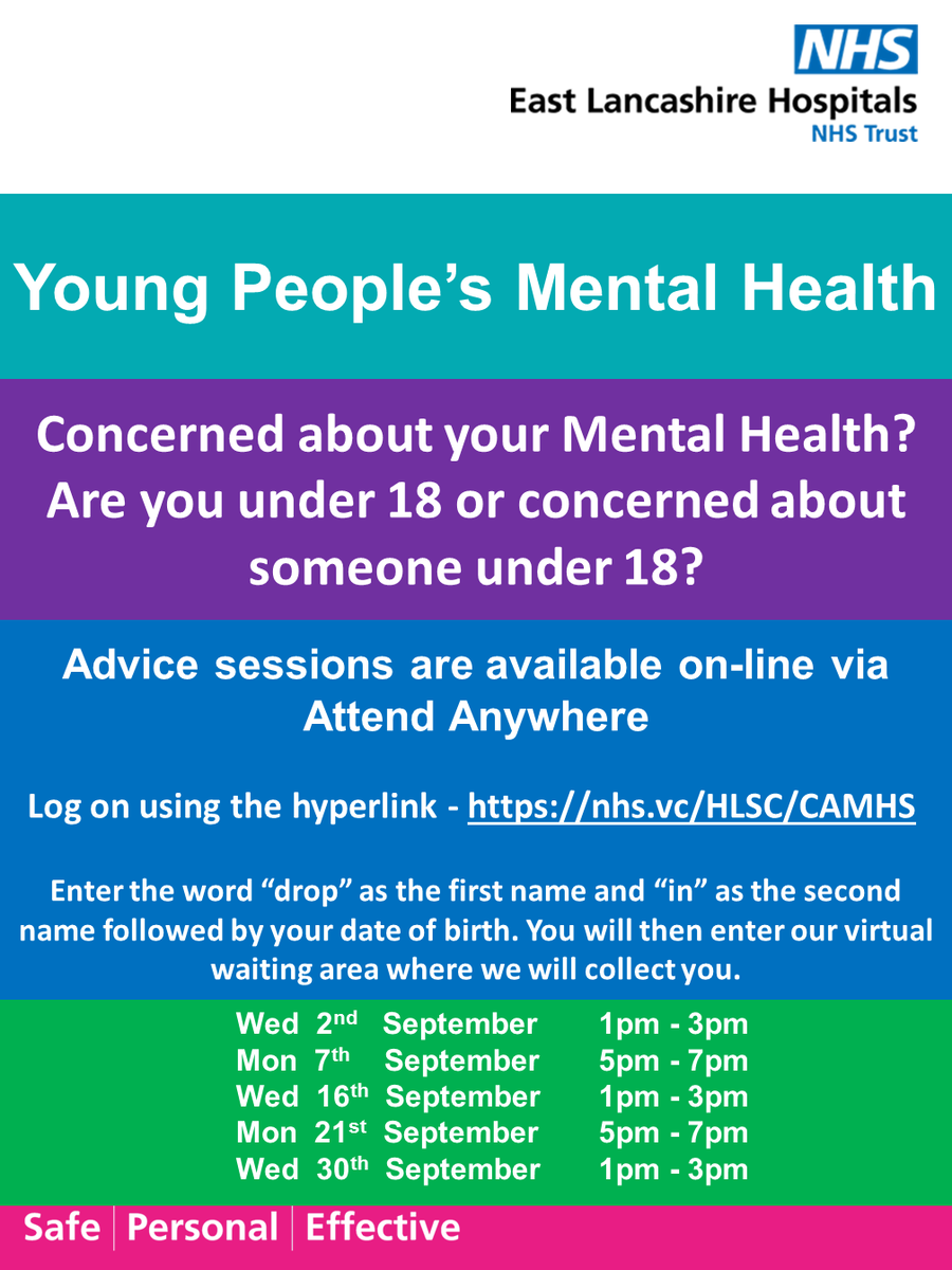If you're under 18 and concerned about your mental health, or concerned about a young person, our #ELCAS service is holding online advice sessions via Attend Anywhere this afternoon, at 1pm.

Log on using this link - nhs.vc/HLSC/CAMHS