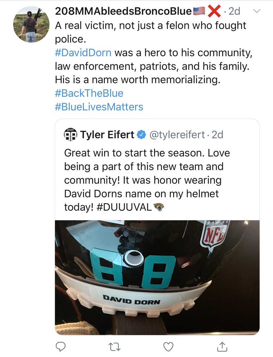 On Twitter, reaction to Tyler Eifert’s helmet decal was seen as support for  #AllLivesMatter,  #BlueLivesMatter and a denouncement of kneeling and the “felons” honored by other NFL players on their helmets.