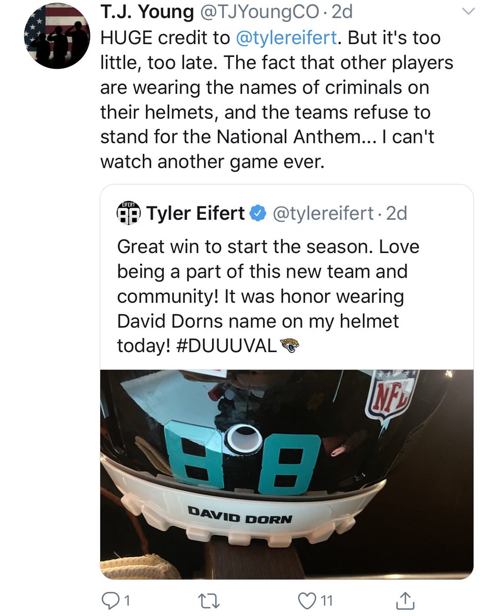 On Twitter, reaction to Tyler Eifert’s helmet decal was seen as support for  #AllLivesMatter,  #BlueLivesMatter and a denouncement of kneeling and the “felons” honored by other NFL players on their helmets.