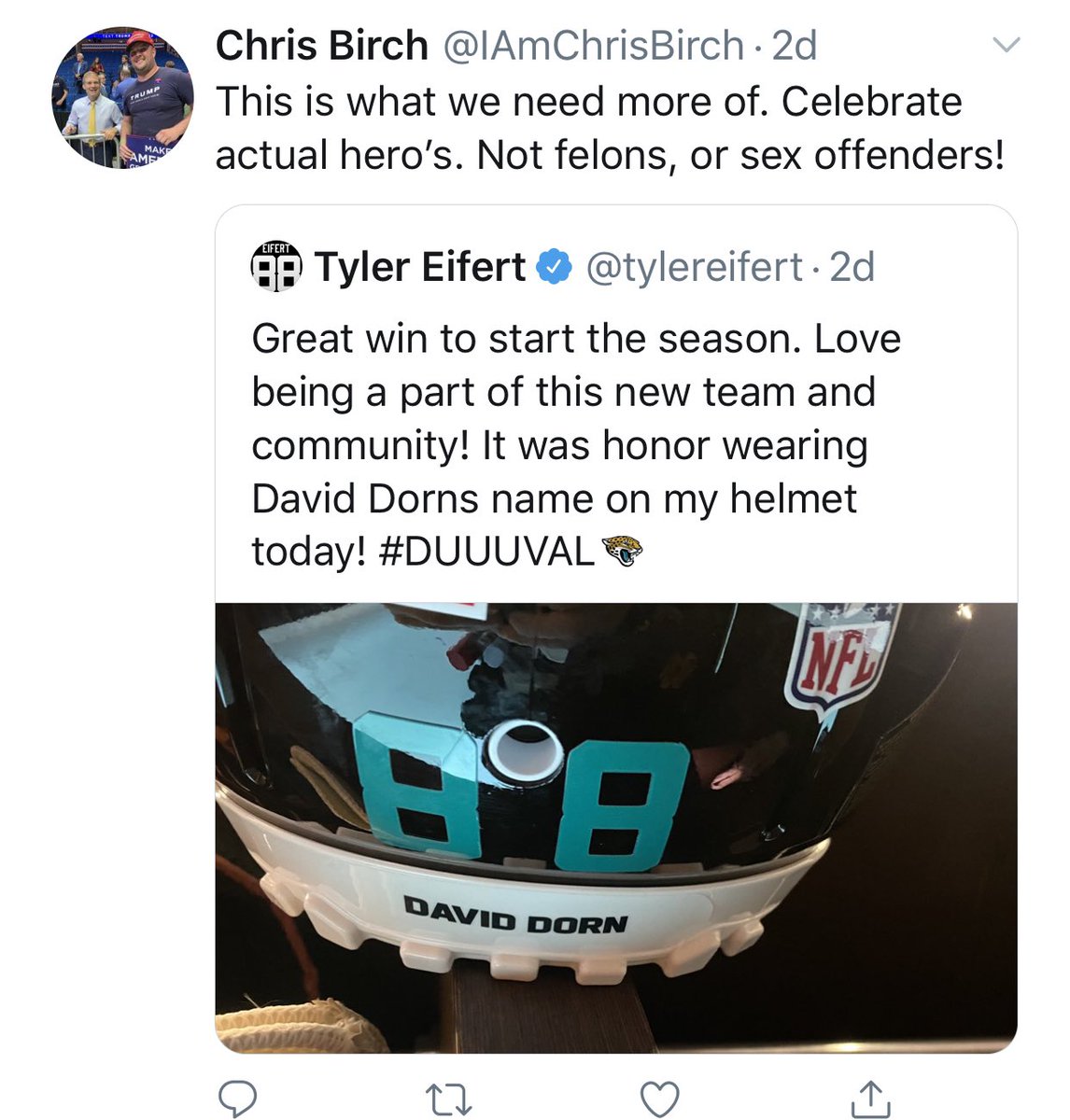 On Twitter, reaction to Tyler Eifert’s helmet decal was seen as support for  #AllLivesMatter,  #BlueLivesMatter and a denouncement of kneeling and the “felons” honored by other NFL players on their helmets.