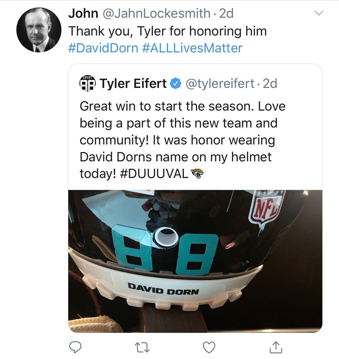 On Twitter, reaction to Tyler Eifert’s helmet decal was seen as support for  #AllLivesMatter,  #BlueLivesMatter and a denouncement of kneeling and the “felons” honored by other NFL players on their helmets.