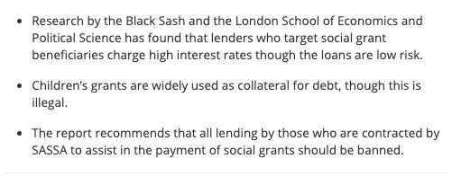 black_sash's tweet photo. Report shows how lenders prey on social grant recipients https://t.co/2MdhRcRN7q via @GroundUp_News #Sassa #Net1 #SocialGrants
"Though it is illegal, children’s grants and temporary grants are widely used as collateral for debt." https://t.co/3bBj3esmJq