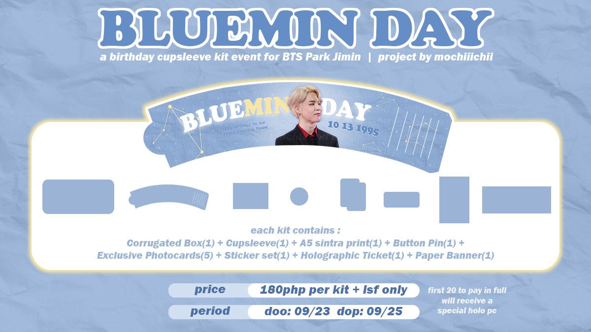 mochiiichii's tweet photo. 🤍💙BLUEMIN DAY💙🤍

— A birthday cupsleeve kit for BTS Park Jimin | project by mochiiichii

💙 Php180/kit + lsf only
🤍 DOO: 09/23 
💙 DOO: 09/25
🤍 gift for first 20 to pay

Get your kits now! 
Form : https://t.co/yBIMr0hvXE https://t.co/DM5PLp6EN1