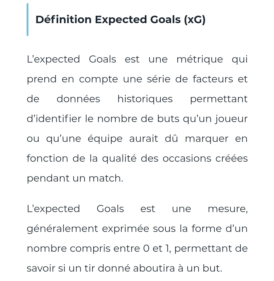 Avant de commencer le thread, certains savent ce qu'est un Expected Goal, mais d'autres l'ignorent, alors qu'est-ce qu'est un Expected Goal ? (Dit xG) 