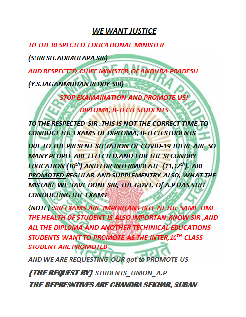 UnionAndhra's tweet photo. #CancelAPDiplomaExams https://t.co/W2IEDxegm7