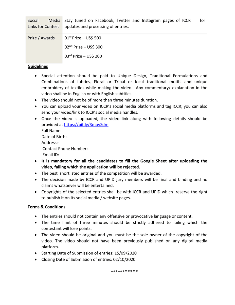 CGI_Istanbul's tweet photo. As part of celebrations of #Gandhi150, @ICCR_Delhi
& @Upid_Msme is organising a #VideoBloggingContest from 15 Sep - 2 Oct 2020 on a theme 'Weaving Relations: Textile Traditions'.
Video can be uploaded on ICCR’s social media platforms. Details of contest are attached. @MEAIndia https://t.co/jr4Y6cLZbV