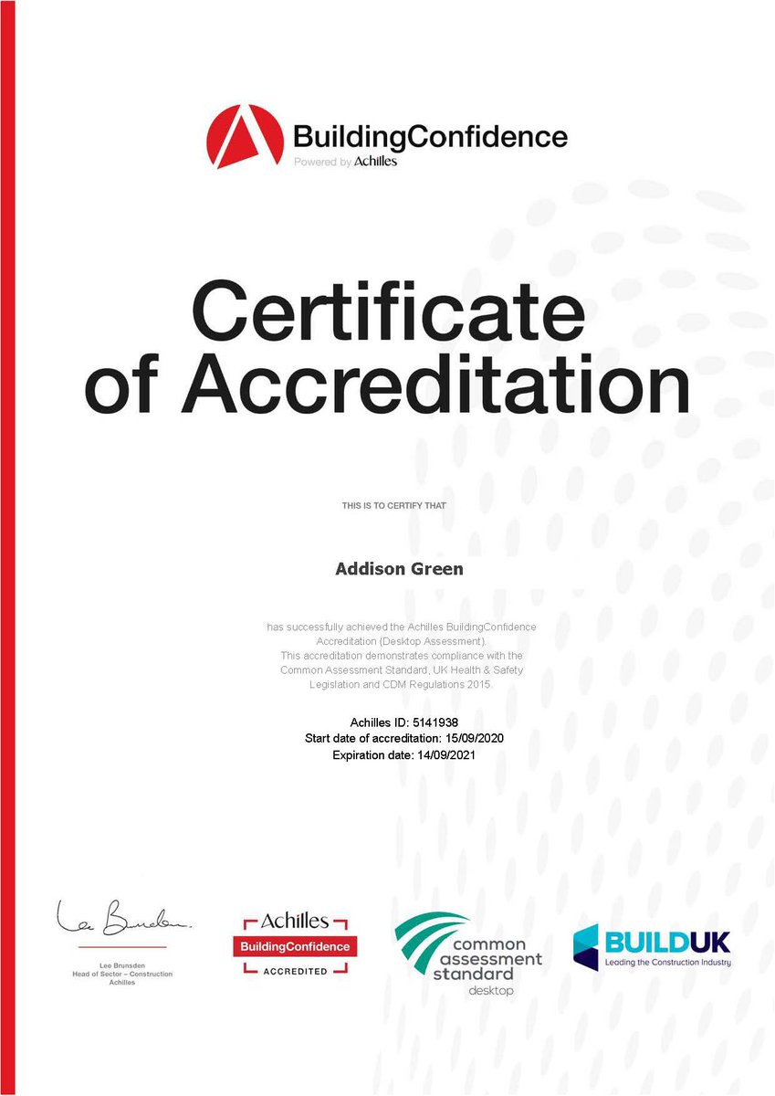 addisongreenltd's tweet photo. Over the last week we have completed our assessment and are happy to announce we successfully gained our @AchillesLtd Building Confidence Accreditation, demonstrating compliance with the CAS, UK Health &amp; Safety Legislation and CDM Regulations 2015 #asbestosremoval #achilles https://t.co/GHtHZFt4Bg