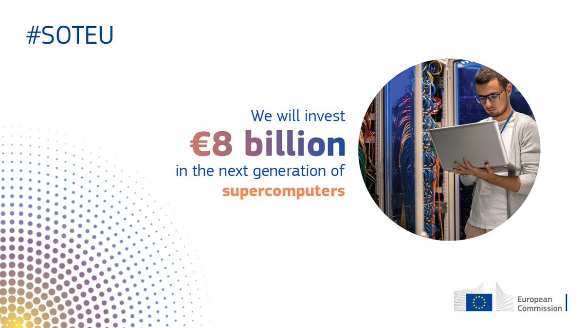 We will...

✓ Build a European cloud – based on GaiaX,
✓ Drive expansion of connectivity to every village,
✓ Propose a secure European e-identity,
✓ Invest €8 billion in #supercomputers,
✓ Invest in expansion of 5G, 6G and fiber.

#DigitalEU #SOTEU