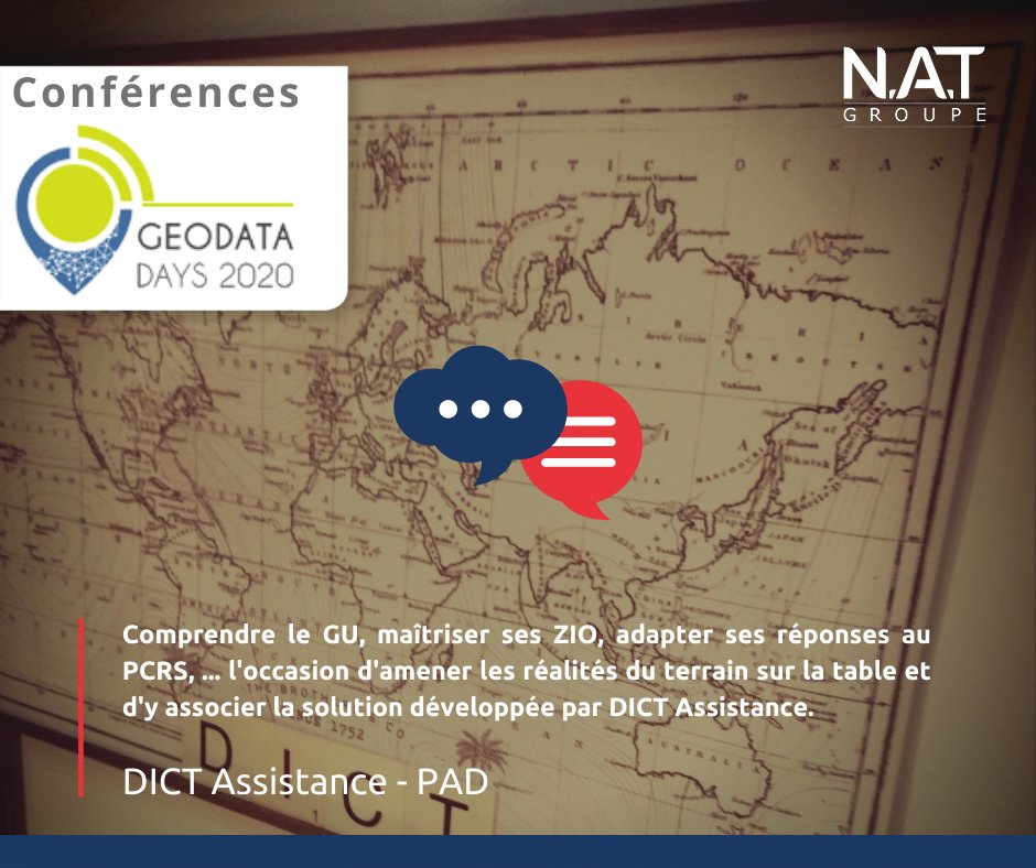 GroupeNAT's tweet image. RDV aujourd&apos;hui aux #GeoDataDays (@Montpellier)

@NicolletThibau1 prendra la parole à 14h50 pour vous éclairer sur les missions d&apos;un PAD : histoire de dépoussiérer les #DTDICT.

#geomatique #geonumerique #geodata #DICTAssistance #DICT #reseaux #PCRS #SIG #ZIO #GuichetUnique