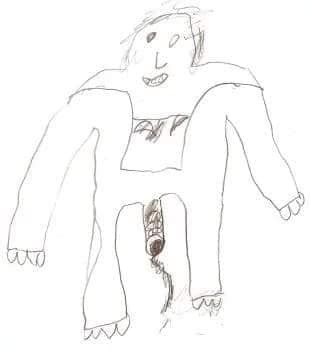 Toni, 6 years oldShe has suffered sexual abuse in the family environment. When asked for a description of his abuser, she says that "he is a monster" and tells in the drawing what his sexual organs were like and how he ejaculated.