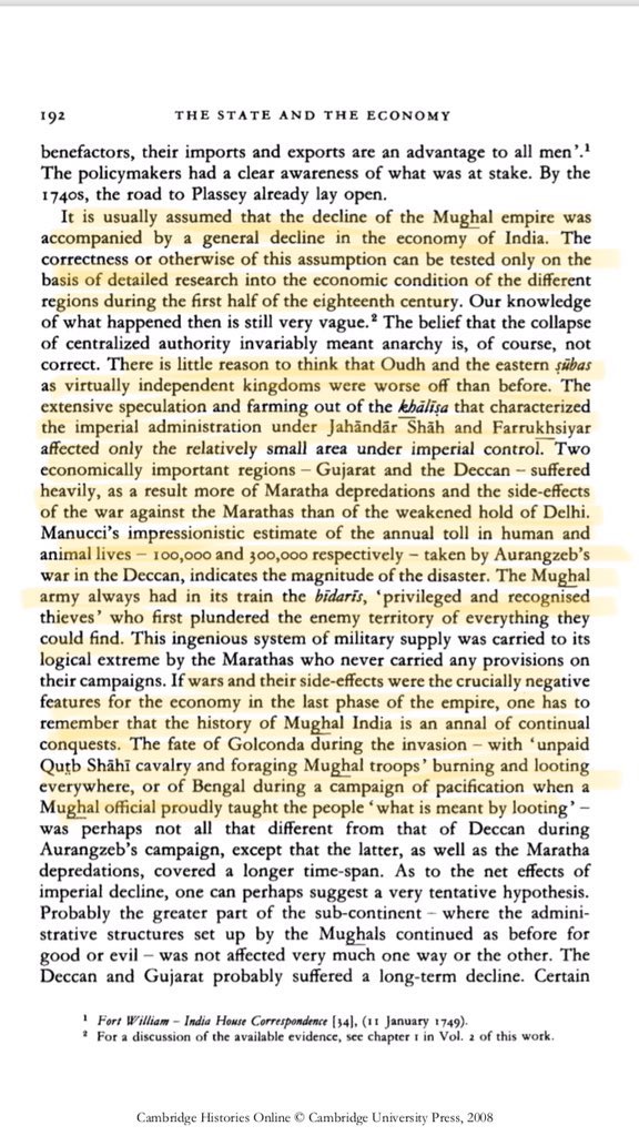 10/n Irfan Habib categorically mentions wars & Mughal desire to conquer as major reason for economic failure of India, followed by their own decline. Moreover the tyranny of the governors was causing Merchants to shut business.Following snippets explain at best(p192-95).