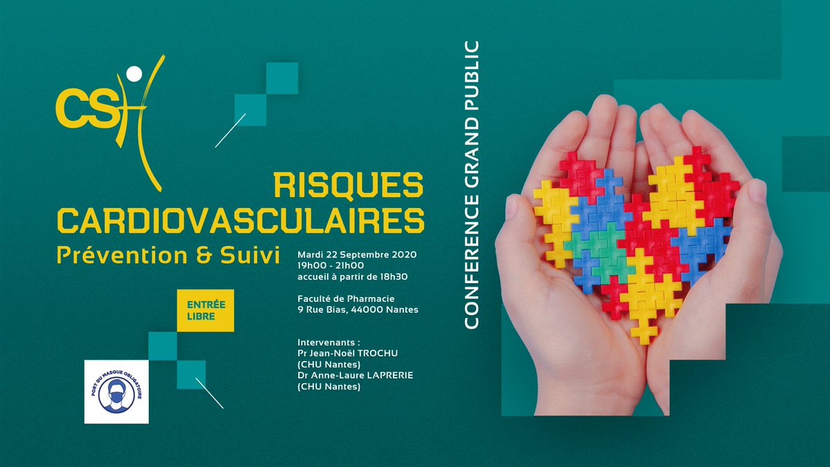 Save the date ! Les RISQUES CARDIO-VASCULAIRES "Prévention et Suivi" Conférence grand public le 22 septembre à 19h à Nantes, Faculté de Pharmacie. 
@SNPHPU <a href="/SNRPH1/">SNRPH</a> <a href="/LaCiteCongres/">La Cité Nantes</a> <a href="/nantestourisme/">Nantes Tourisme (compte inactif)</a>
 <a href="/CHUnantes/">CHU de Nantes</a>