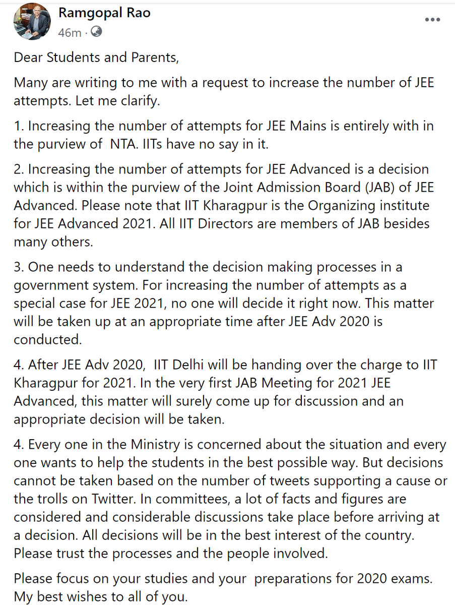 ramgopal_rao's tweet photo. No. of attempts for JEE Advanced &amp; JEE Mains. Please read my views. https://t.co/dFMdLLXLpg