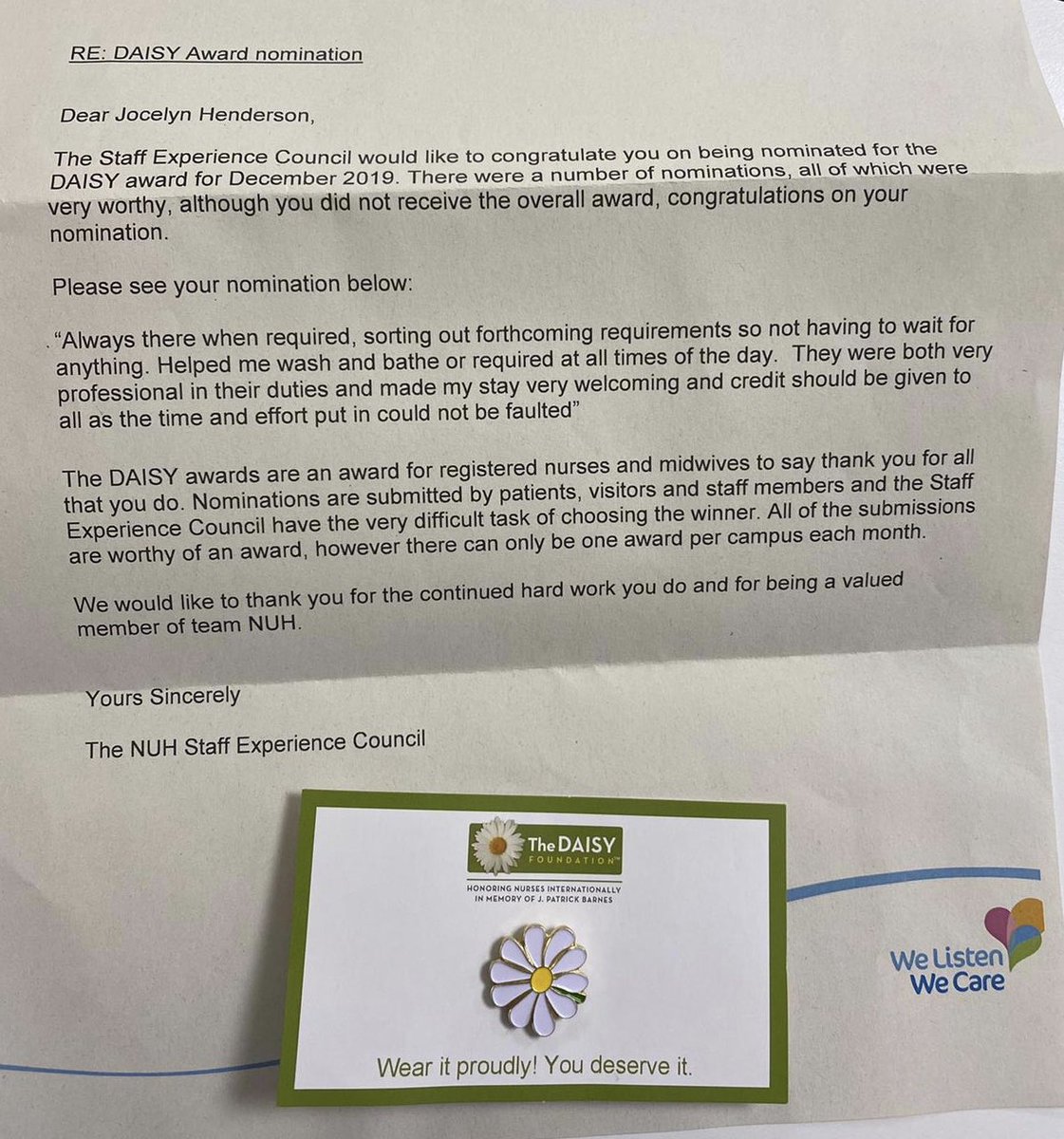 Extremely proud and happy to have been nominated by a patient for a #daisyaward <a href="/DAISY4Nurses/">DAISY Foundation</a> 🥰 #teamNUH