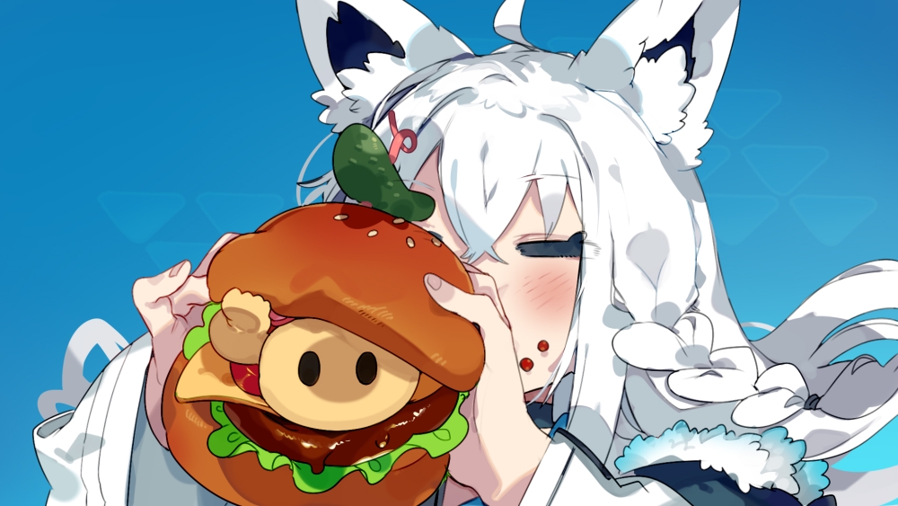 shirakami fubuki 1girl animal ears food fox ears white hair burger braid  illustration images