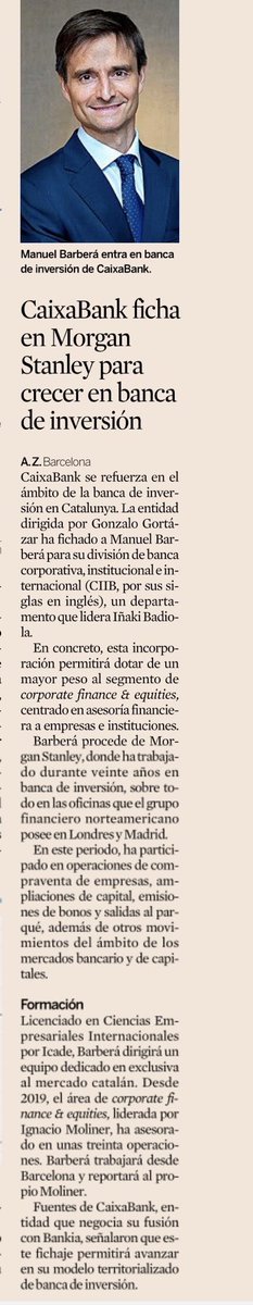Damos la bienvenida a Manolo Barberá a nuestro equipo de Equities &amp; Corporate Finance de CaixaBank. Estamos muy ilusionados con su incorporación y su futura aportación al negocio en Cataluña.