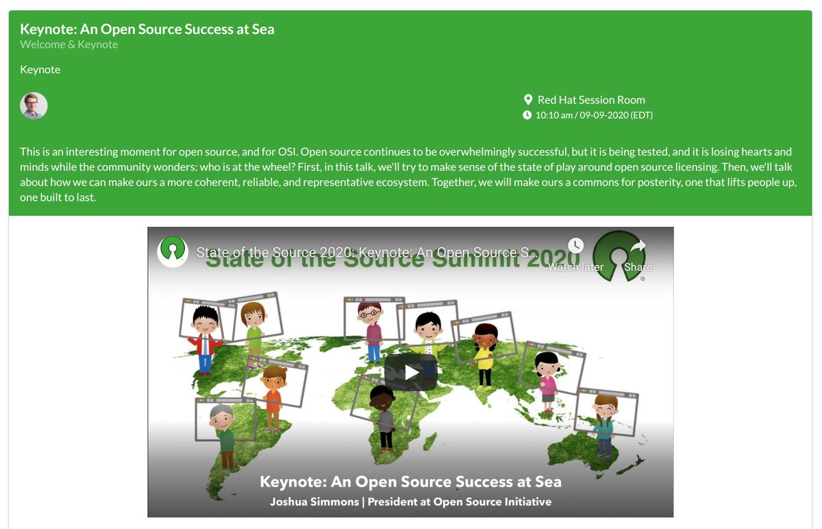 #OpenEvent the #OpenSource solution powering eventyay.com now supports embedding videos and slides in sessions. See it live here <a href="/joshsimmons/">Jos5ua</a> President <a href="/OpenSourceOrg/">Open Source Initiative @osi@opensource.org</a> Keynote at #StateoftheSource eventyay.com/e/8fa7fd14/ses…