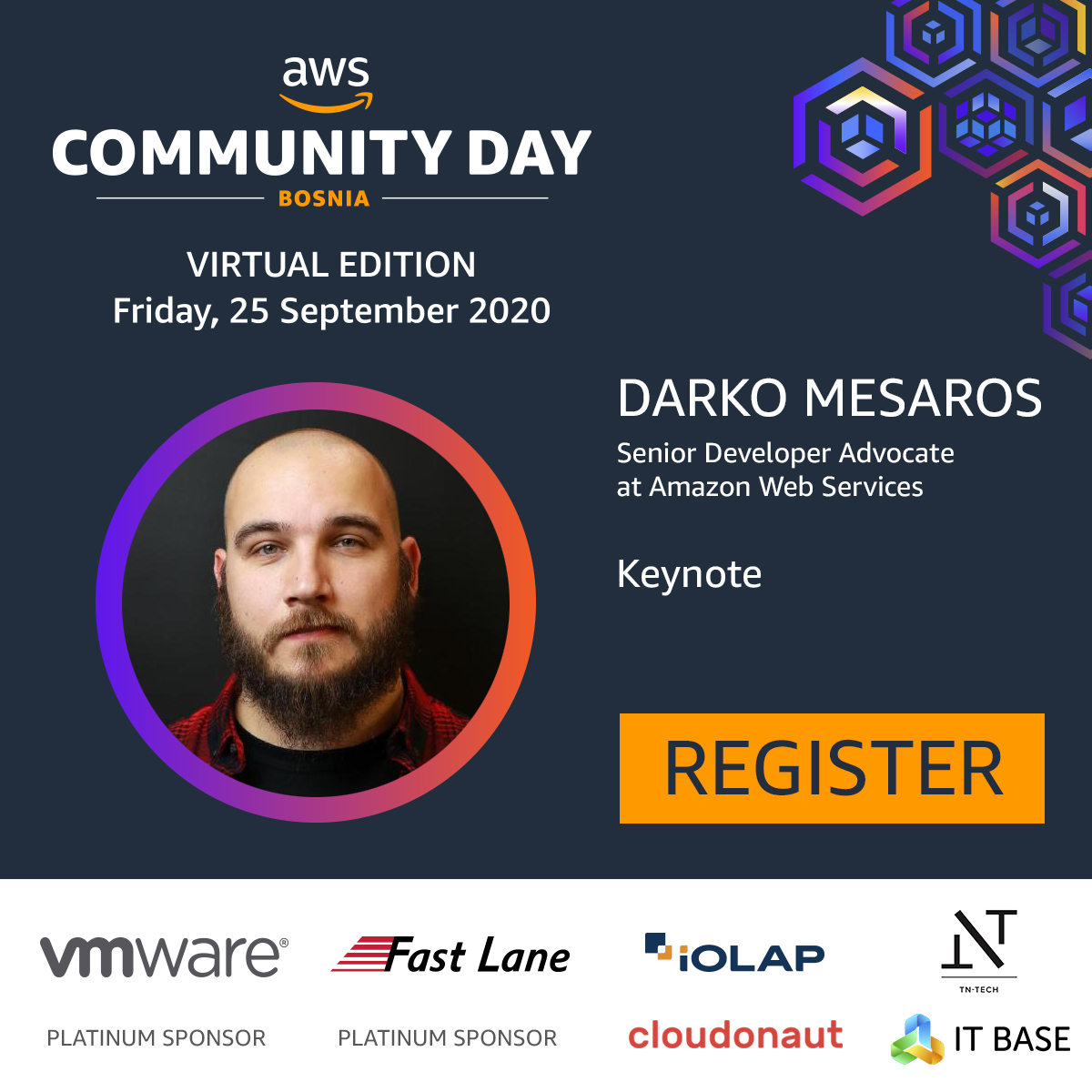Dear #AWS Community Day followers,

On this exceptional occasion, we introduce <a href="/darkosubotica/">Darko Mesaroš 💙 💛 🇪🇺</a>, our keynote speaker 👉 bit.ly/Darko-M

DON'T FORGET TO REGISTER, IT'S FREE! communityday.awsbosnia.com

#AWSBosnia #AWSCommunityDay #AWSCommunityDayBosnia #KeynoteSpeaker #Speaker
