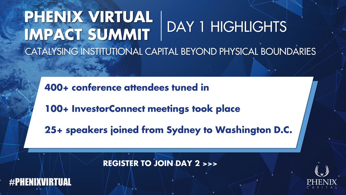 It’s DAY 2 of the Phenix Virtual Impact Summit! We've got another exciting and packed day starting at 12 CEST. 

Check out Day 1 highlights below and register to join for Day 2 👉 events.phenixcapital.nl/event/7e07963f…

#PhenixVirtual #impactinvesting