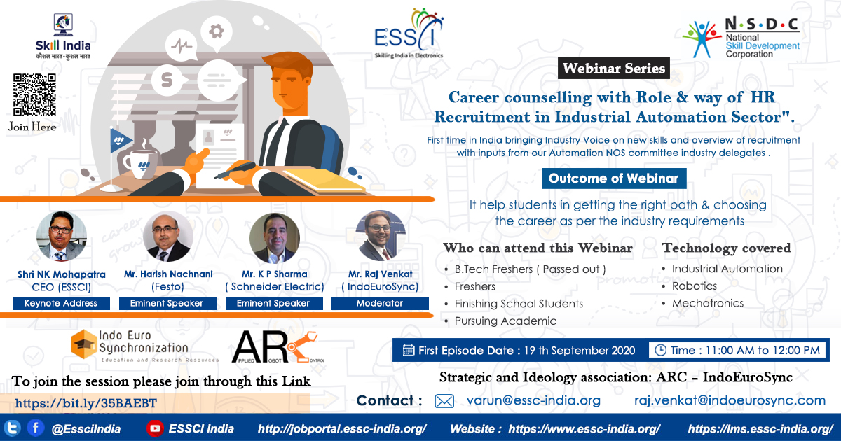 EssciIndia's tweet photo. In association with Applied Robot Control &Indo Euro Synchronization,ESSCI is coming up with a webinar series on Career Counselling with Role &Way of HR Recruitment in Industrial Automation Sector,on 19th Sep at 11:00AM-12:00PM
Register via https://t.co/ECPn43uwqR
#SkillWithESSCI https://t.co/TGBYpXZP2Y