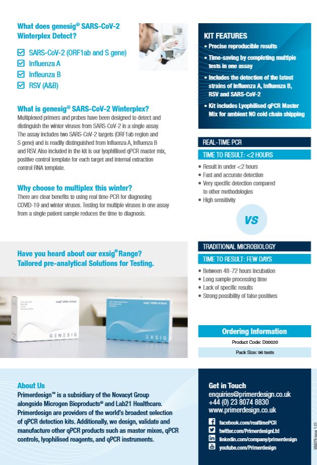 PrimerdesignLtd's tweet image. genesig® SARS-CoV-2 Winterplex

Multiplexed primers and probes have been designed to detect and distinguish the winter viruses from SARS-CoV-2 in a single assay. #NCYT #Primerdesignltd #Wintertesting #COVID-19