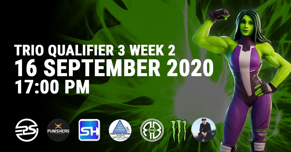Good Morning #FortniteZA
The Trio September Series Week 2 Qualifier 3🏆
-
Details:
📝Registration at 15:00 | 16 September 2020
☑️Check in at 16:00 | 16 September 2020
🕔Start time at 17:00 | 16 September 2020

Link: eliteproseries.co.za/tournaments/th…
-
BE THERE AND BRING THE COMPETITION.