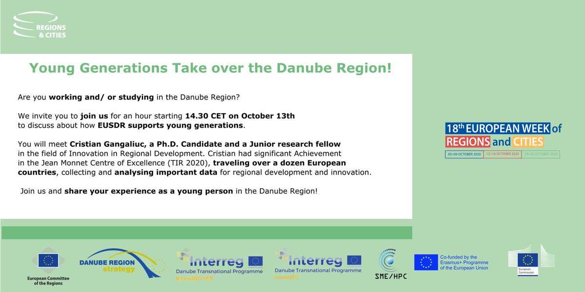 InnoHPC's tweet image. Interested to see how young generations are taking over the Danube region? Join us at #18thEWRC and egister here: europa.eu/regions-and-ci… before September 27th ‼️

@EUSDR 
@Interreg_Danube 
@INTERREGTweets